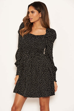 Black Spotty Square Neck Elasticated Swing Dress
