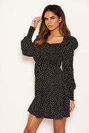 Black Spotty Square Neck Elasticated Swing Dress