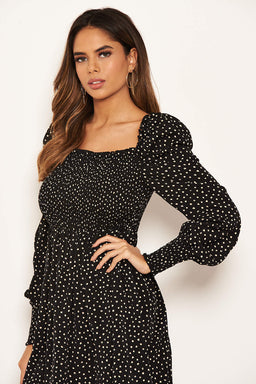 Black Spotty Square Neck Elasticated Swing Dress