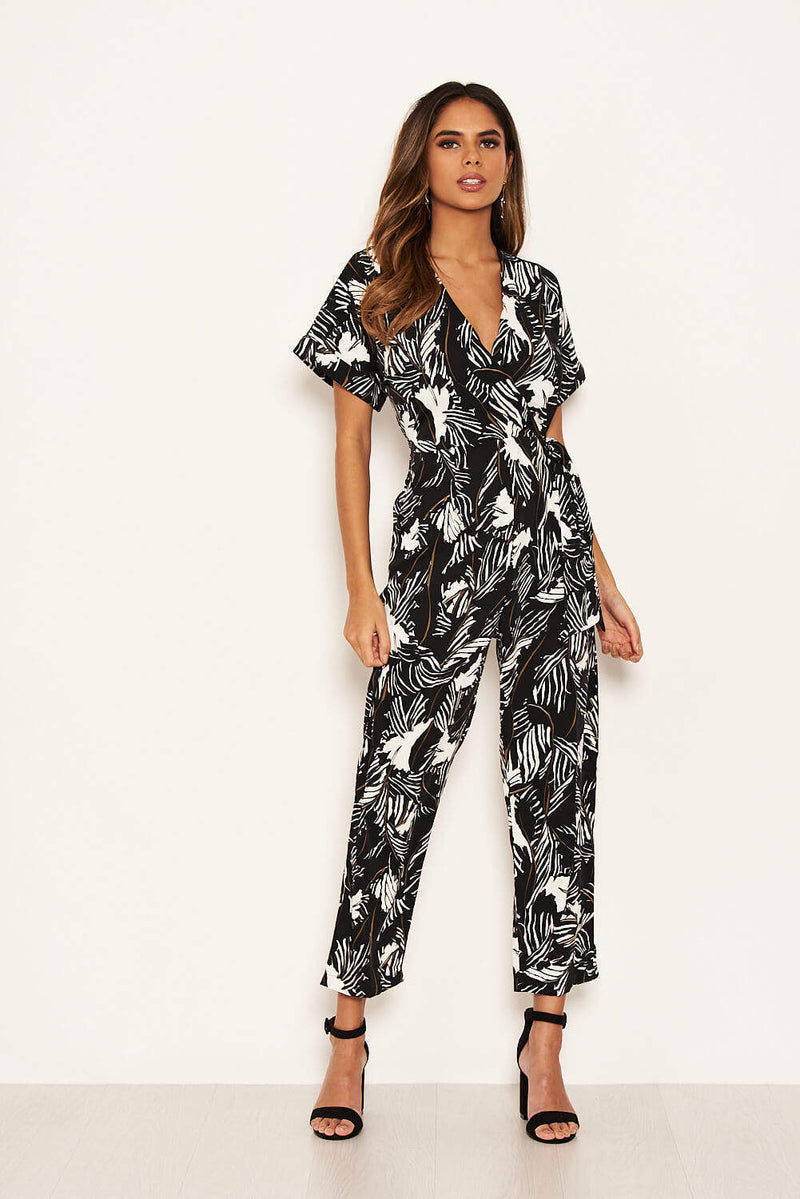 Black Tropical Wrap Knot Jumpsuit