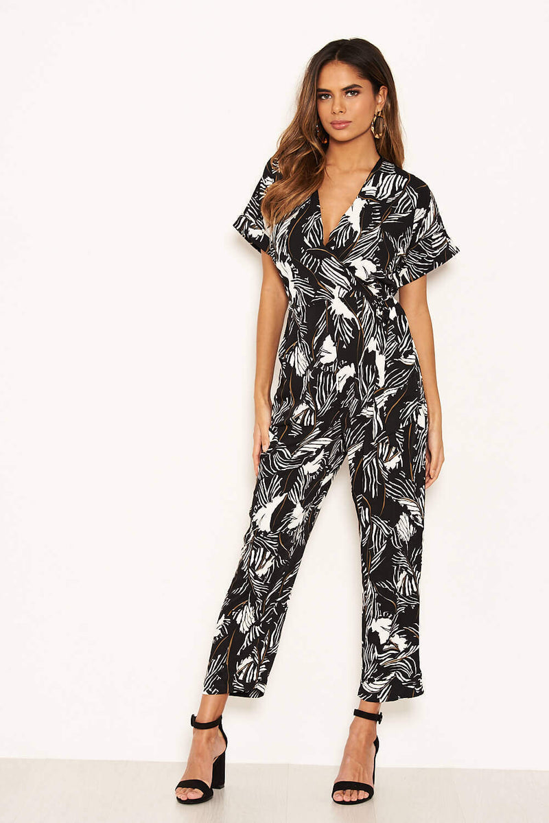 Black Tropical Wrap Knot Jumpsuit