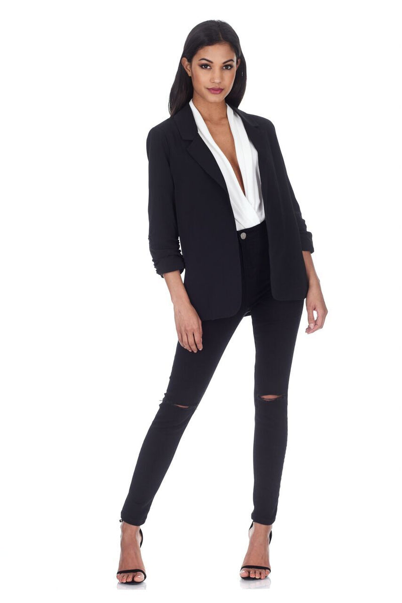 Black Blazer Jacket With Ruched Sleeves