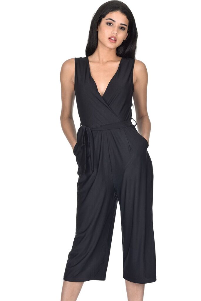 Black Slinky Wrap Front Culotte Jumpsuit