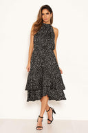 Black Spotty High Ruffle Neck Midi Dress