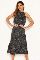 Black Spotty High Ruffle Neck Midi Dress