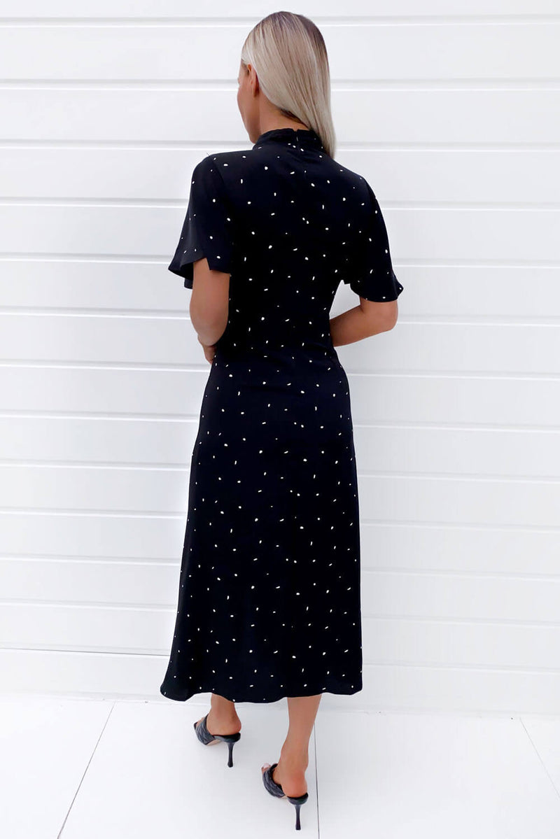 Black Spotty Ruched Split Maxi Dress