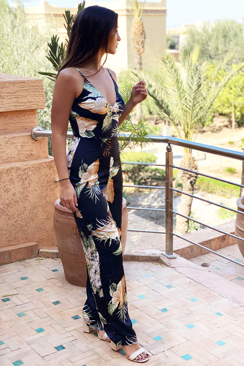 Floral satin jumpsuit outlet