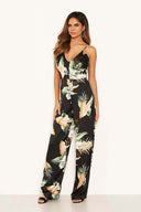 Black Floral V-Neck  Strappy Satin Jumpsuit