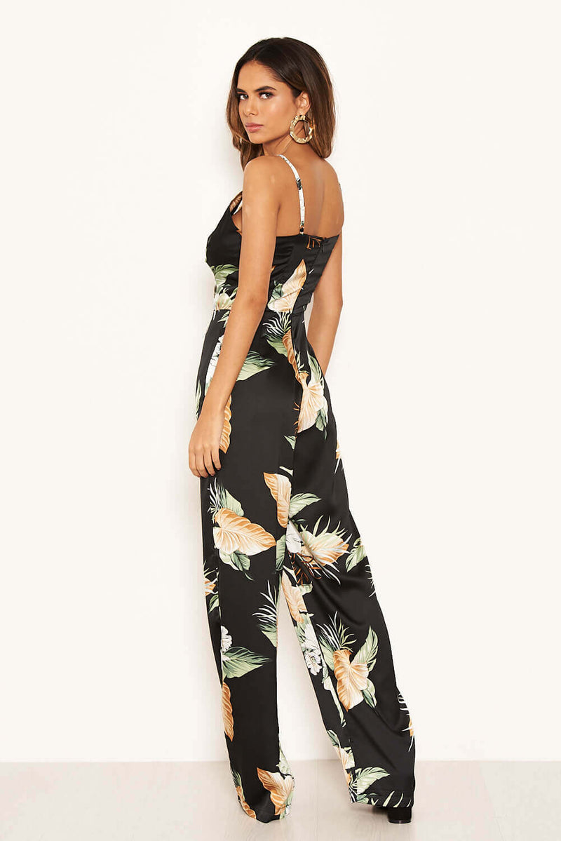 Black Floral V-Neck  Strappy Satin Jumpsuit