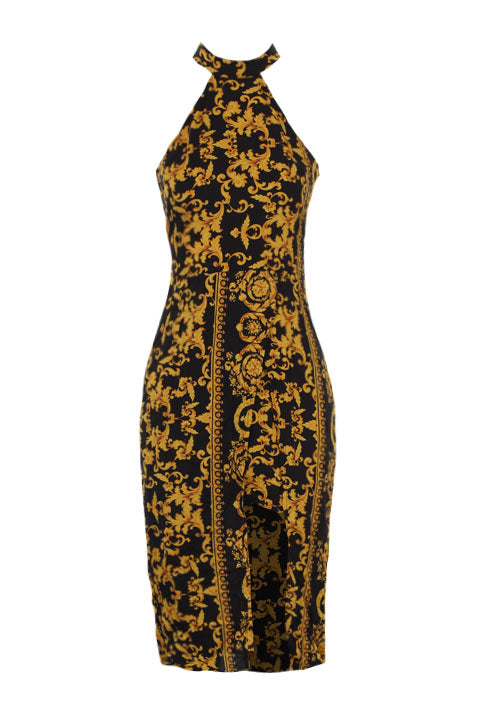 Black And Gold Patterned Midi dress