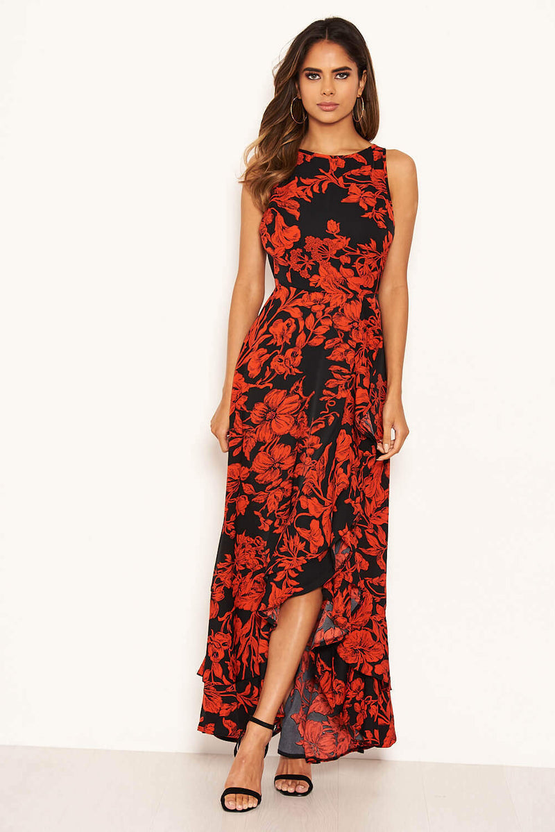 Red Floral Frill Hem Maxi Dress