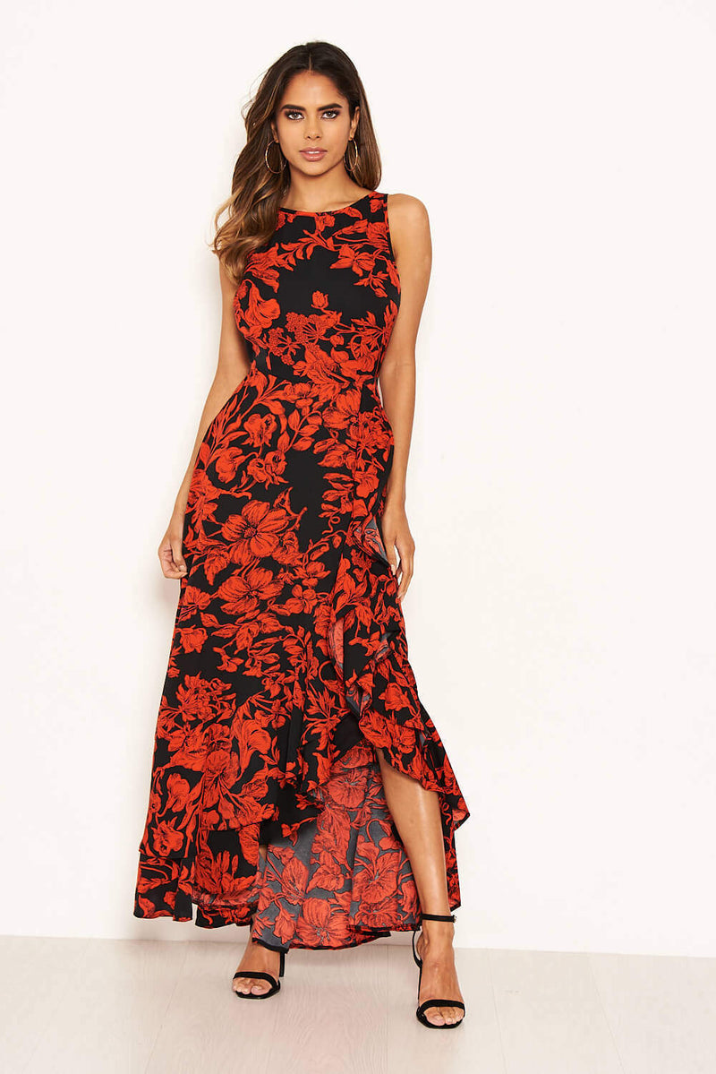 Red Floral Frill Hem Maxi Dress