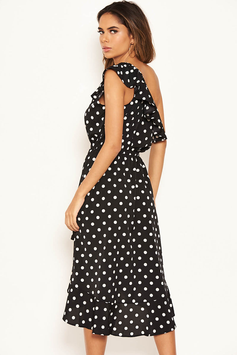 Black Polka Dot One Shoulder Frill Dress