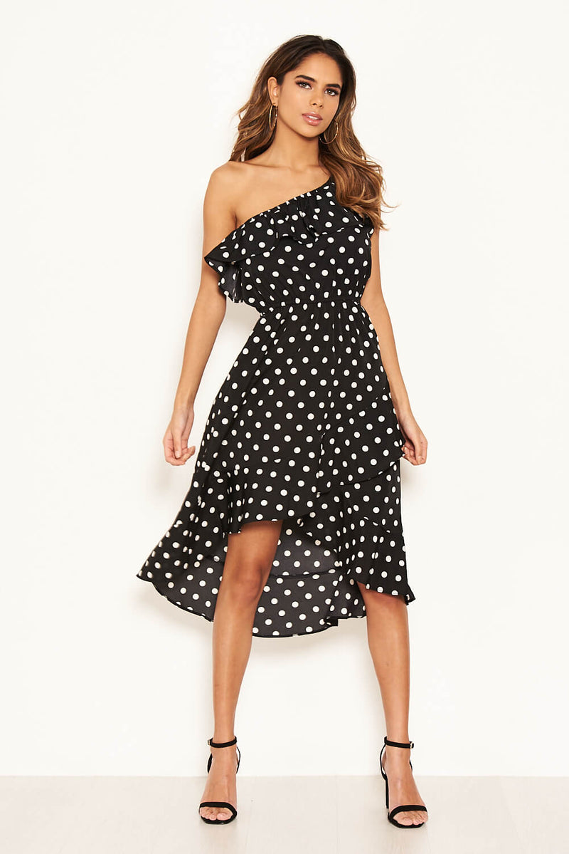 Black Polka Dot One Shoulder Frill Dress – AX Paris