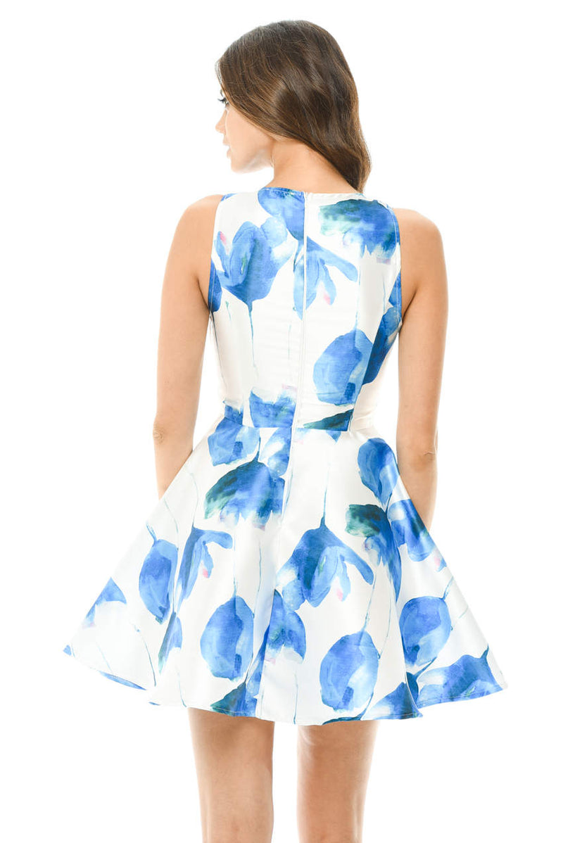 Cream Mini Skater Dress with Blue Floral Print