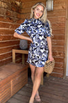 Blue Satin Printed Puff Sleeve Dress