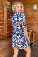 Blue Satin Printed Puff Sleeve Dress