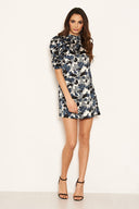 Blue Satin Printed Puff Sleeve Dress