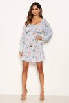 Blue Floral Print Tie Neckline Long Sleeve Dress