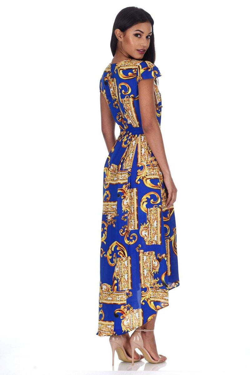 Blue and Gold Patterned Wrap Over Tie Waist Belt Dress