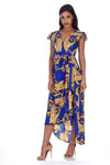 Blue and Gold Patterned Wrap Over Tie Waist Belt Dress