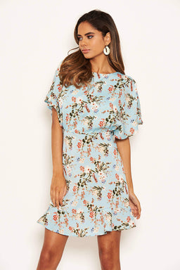Blue Floral Print Cross Back Dress