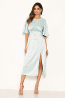 Blue Printed Satin Midi Dress