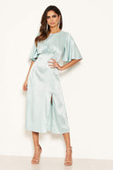 Blue Printed Satin Midi Dress