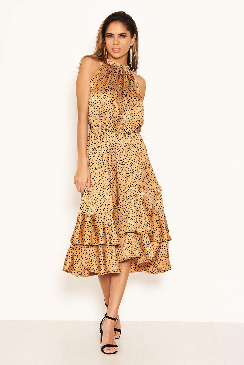 Camel Spotty High Ruffle Neck Midi Dress