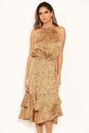 Camel Spotty High Ruffle Neck Midi Dress