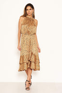 Camel Spotty High Ruffle Neck Midi Dress