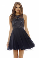 Navy Embellished Chiffon Skater Dress