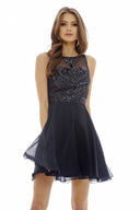 Navy Embellished Chiffon Skater Dress