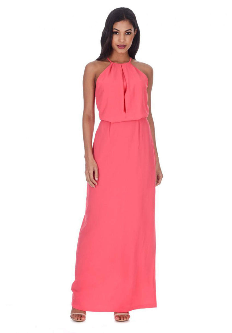 Coral Halterneck Strappy Lace Detail Maxi Dress AX Paris