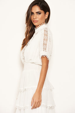 Cream Crochet Detail Tiered Dress