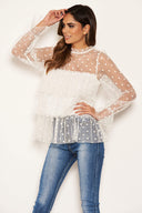 Cream Mesh Polka Dot Frill Top