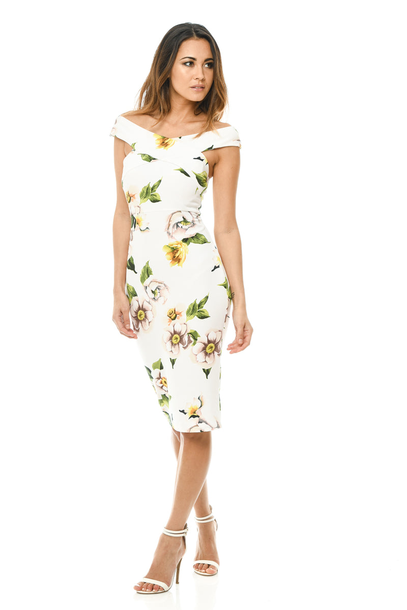 Printed Off Shoulder Cross Midi Dress