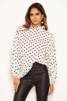 Cream Polka Dot Frill Sleeve Top