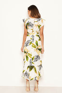 Cream Tropical Print Frill Wrap Dress With D Ring Belt