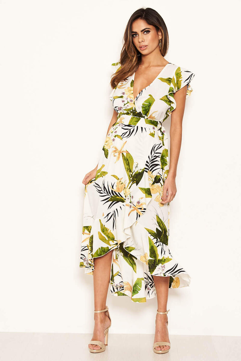 Cream Tropical Print Frill Wrap Dress With D Ring Belt