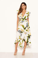 Cream Tropical Print Frill Wrap Dress With D Ring Belt