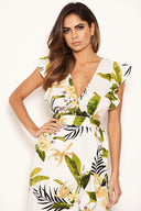 Cream Tropical Print Frill Wrap Dress With D Ring Belt