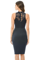 Navy Bodycon Midi Dress Crochet High Neck