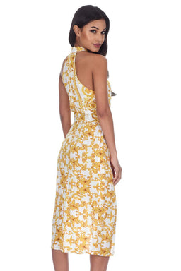 White Halter Neck With Gold Pattern Midi Dress