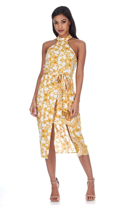 White Halter Neck With Gold Pattern Midi Dress