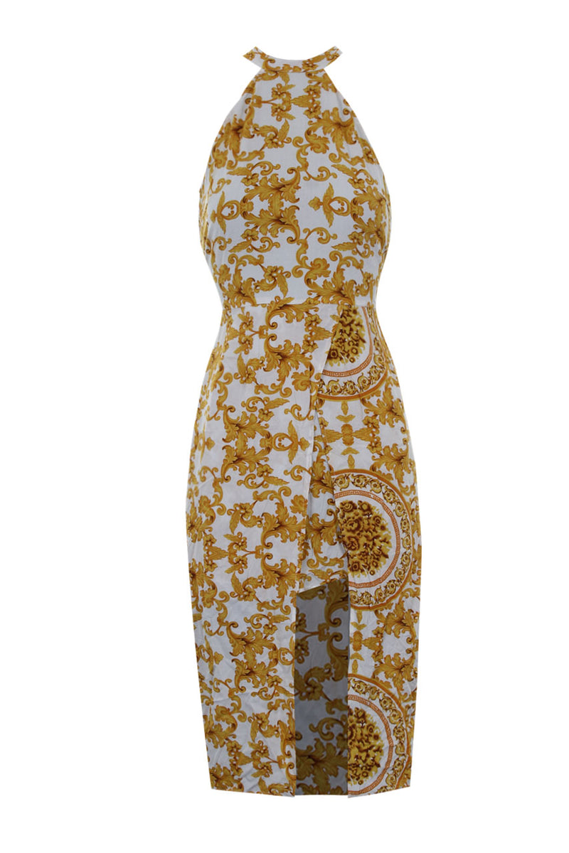 White Halter Neck With Gold Pattern Midi Dress