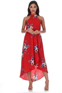 Red Floral Asymmetric Choker Neck Maxi Dress