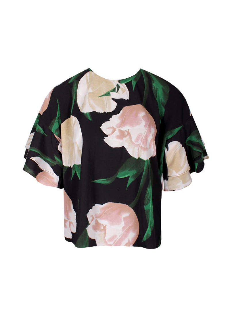 Black Floral Frill Sleeve Top