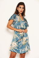 Duck Egg Floral Pleated Wrap Dress