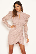 Mushroom Lace Puff Sleeve Wrap Dress